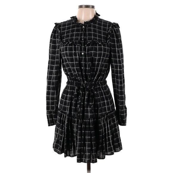 Rebecca Taylor La Vie Drapey Plaid Ruffle Long Sleeve Dress in Black Combo - Picture 7 of 16